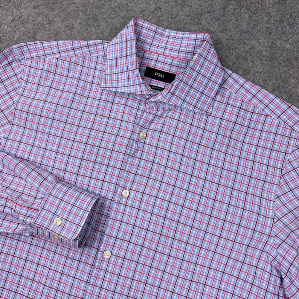 Hugo Boss Shirt Mens 16 34/35 Blue Pink Plaid Sharp Fit Dress Work Business